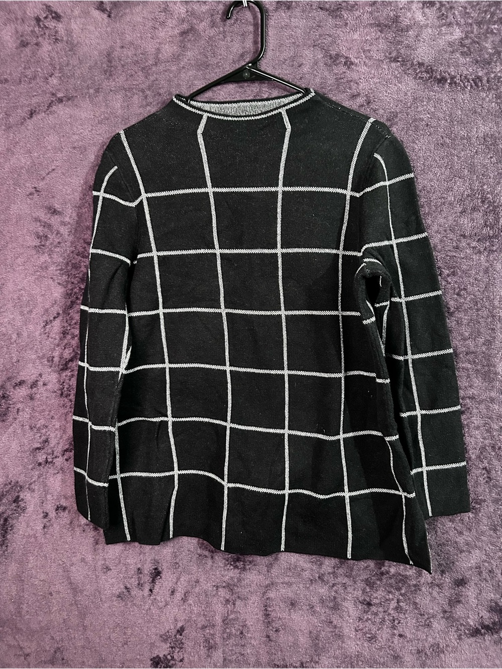 LOFT Black Crewneck Sweater with White Windowpane Grid